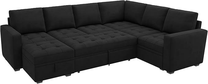 HONBAY Modular Sectional Couch with Pull Out Bed Sleeper Sofa with Storage U Shaped Modular Sectional Couches for Living RoomVelvet Black
