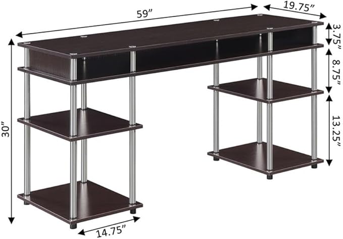 Pemberly Row No-Tools Student Desk 60-Inch with Shelves Espresso Wood Finish Stainless-Steel Poles Durable Particle Board and Melamine Easy Assembly Workspace for Home Office or Dorm Use