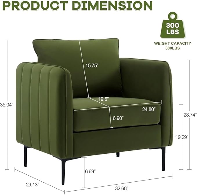 Velvet Accent Chair Mid-Century Modern Armchair with Metal Legs Single Sofa Chair for Living Room Bedroom Office Reading Includes Pillow (Green + Steel + Velvet + Wood + 1 Seat + Foam)