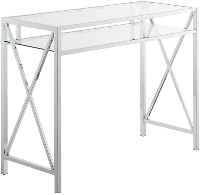 Pemberly Row 42-Inch Desk Clear Tempered Glass Desktop Chrome Metal Frame Additional Storage Shelf Modern Home Office Desk 42 x 16 x 30 Inches Stylish Workspace Furniture