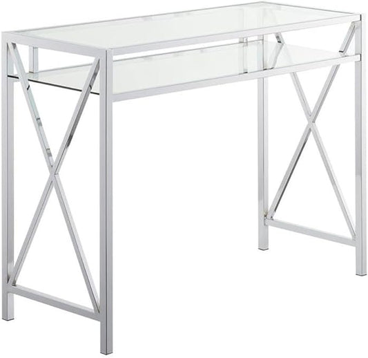 Pemberly Row 42-Inch Desk Clear Tempered Glass Desktop Chrome Metal Frame Additional Storage Shelf Modern Home Office Desk 42 x 16 x 30 Inches Stylish Workspace Furniture