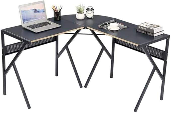 FurnitureR L-Shaped Computer Desk Gaming Table Home Office Corner Desk Writing Study Computer Table with Sturdy Metal Frames for Home Office Saves Space Black (49.2 Inch)