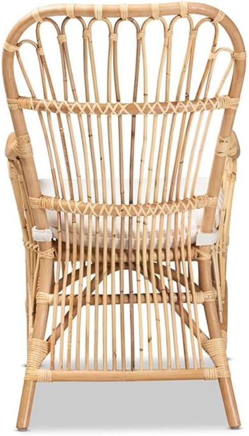 BOWERY HILL Modern Rattan Fabric Armchair 39.5 H x 24 W x 22 D Natural Beige Finish Foam-Padded Removable Cushion Spindle Design Handmade Accent Chair for Living Room or Bedroom