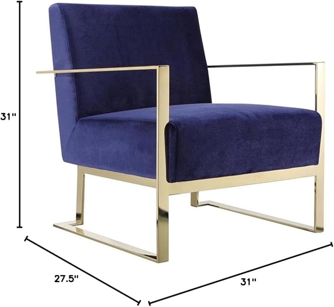 Pemberly Row Modern Velvet &amp High Polished Steel Lounge Chair Navy and Gold Finish 31 H x 27.5 W x 31 D Wrap Around Steel Arms Stylish Seating for Living Room Bedroom or Lounge Use