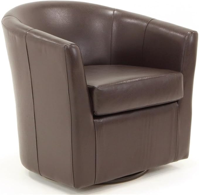 Pemberly Row Swivel Club Chair 30H Faux Leather Upholstered Accent Chair Dark Brown Finish Flared Arms Removable Seat 360-Degree Swivel Base Comfortable Seating for Living Room or Reading Nook