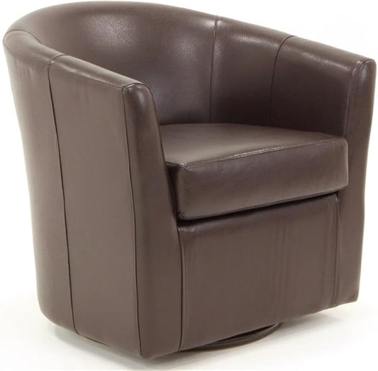 Pemberly Row Swivel Club Chair 30H Faux Leather Upholstered Accent Chair Dark Brown Finish Flared Arms Removable Seat 360-Degree Swivel Base Comfortable Seating for Living Room or Reading Nook