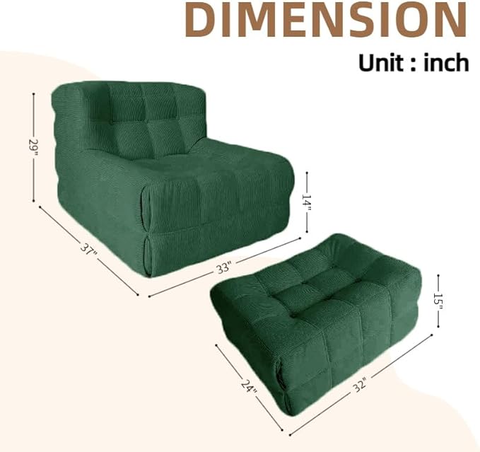 Bean Bag Chair - Memory Foam Bean Bag Chair for Adults Comfy High-Resilience Single Sofa Small Space Floor Chair Chaise Lounge for Living Room Bedroom (Dark Green Square+Ottoman)