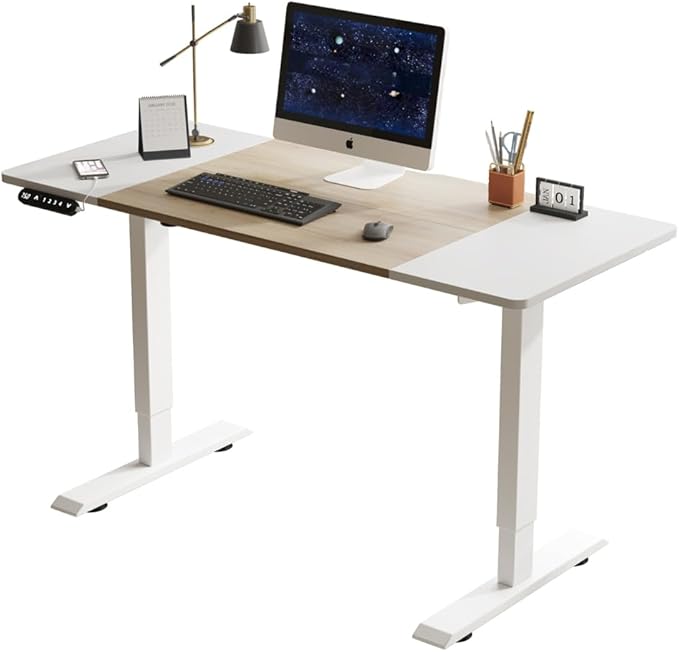 Electric Standing Desk - Height Adjustable Modern Luxury Computer Table for Home &amp Office Ergonomic Gaming Desk with Solid Steel Frame Anti-Collision Tech (Oak Natural Wood + Antique White)