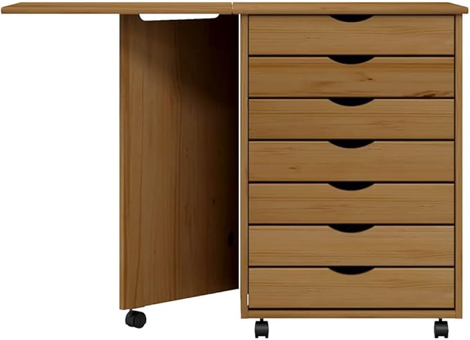 YAFF Solid Pine Rolling Cabinet with Desk Foldable Design Honey Brown Finish 7 Drawers Space-Saving &amp Durable Ideal for Home Office &amp Living Room 41.5x41.5x29.3 in