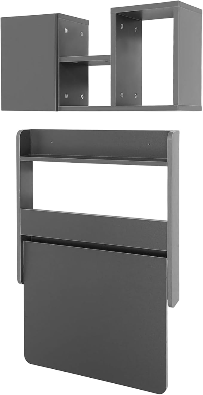 Wall Mounted Desk Fold Down Laptop Computer Table Floating Desk with Storage Compartments for Home Office Study Space Saving (Grey)