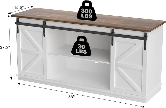 JUMMICO TV Stand for 65 Inch TV Entertainment Center with Storage Cabinets and Sliding Barn Doors Mid Century Modern Media TV Console Table for Living Room Bedroom (Bright White)