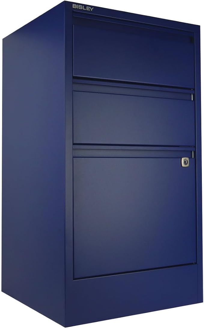 Bisley 3-Drawer Flush Front Vertical File Cabinet - Oxford Blue 2 Utility Drawers + 1 Hanging File Drawer Powder-Coated Steel Locking Bottom Drawer