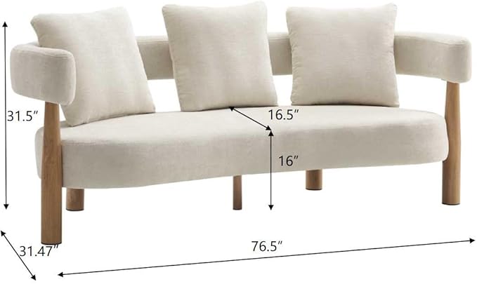 Christopher Knight Home Yulez Curved 3-Seater Sofa Couch with 3 Accent Pillows Chenille Fabric Upholstered Lounge Seating 76.5'' Home Office Bedroom Sofa Chair Comfy Wooden Frame Sofa Beige
