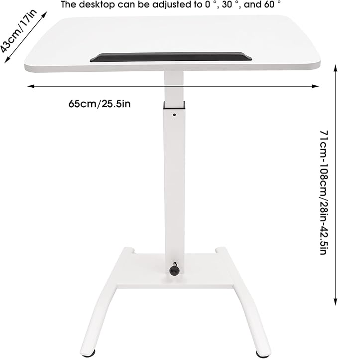 Rolling Desk 26.46lbs Load-Bearing Capacity Floor Mount Rolling Desk Commerical Computer Desk with Adjustable Height 28-42.5inch and 2 Lockable Wheels for Home Offices Meeting Rooms(White)