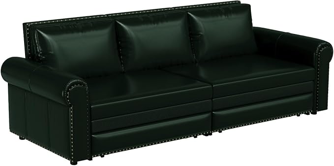 93.7 King Size Chesterfield 3-seat Pull Out Sofa Bed Leather Sofa Bed with Nailhead Trim and Rolled Arm 3-in-1 Sofa Sleeper for Living Room Apartment Office Green