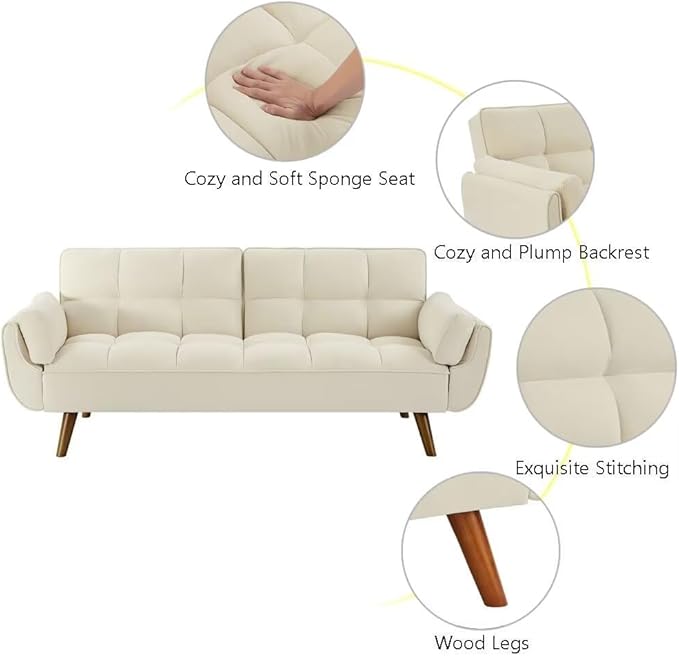 Convertible Sofa Bed Folding Loveseat Couch Modern Futon Recliner Sleeper with Adjustable Backrest Beige