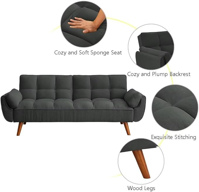 Convertible Sofa Bed Folding Loveseat Couch Modern Futon Recliner Sleeper with Adjustable Backrest Dark Gray