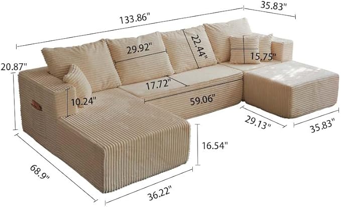134 Beige Boneless Couch with Ottoman  Sectional Couches for Living Room L Shaped Couch 4 Seat Sofa with Pearl PipingCompression Sofa for Bedroom Comfy  No Assembly Corduroy (134’’ Beige)