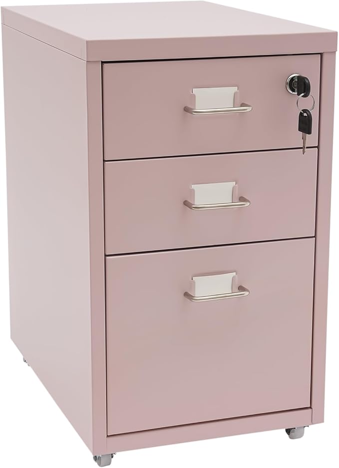 File Cabinet 3 Drawer Mobile Metal Storage Cabinets with Lock and Wheels Vertical Filing Cabinet Under Desk Document Classification Organizer for Office Home Study Dresser (Pink)