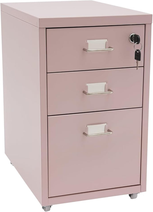 File Cabinet 3 Drawer Mobile Metal Storage Cabinets with Lock and Wheels Vertical Filing Cabinet Under Desk Document Classification Organizer for Office Home Study Dresser (Pink)