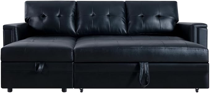 Naomi Home L-Shaped Sectional Sleeper Sofa with USB Ports - Convertible Pull-Out Bed Ample Storage Timeless Design Durable Construction Black/Air Leather