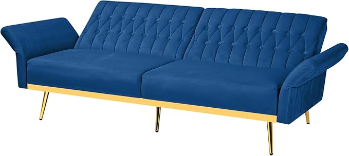 70 Velvet Futon with Adjustable Backrest and Armrests Sofa Bed with Extra Pillows for Waiting Room Living Room and Office Blue