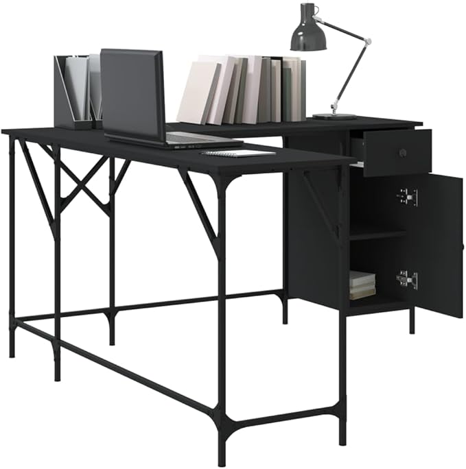 Black Engineered Wood Corner Desk 55.5-inch Industrial L-Shaped Computer Table with Adjustable Feet for Home Office Study Gaming