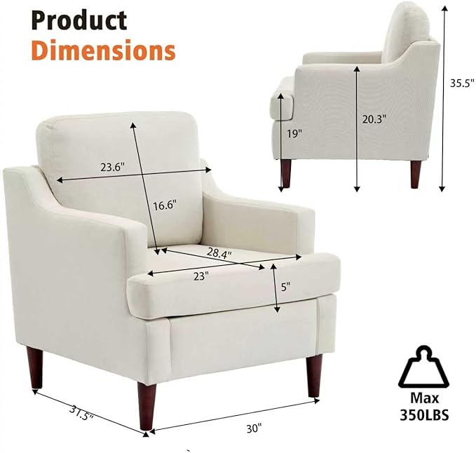 Mid-Century Accent Chair Modern Linen Fabric Armchair for Living RoomComfy Upholstered Reading Chairs for BedroomSingle Sofa Chair with Wood Legs (Linen Beige Set of 1)