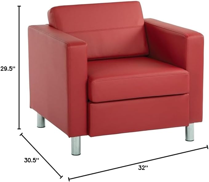 Pemberly Row Contemporary Armchair Dillon Lipstick Red Vinyl Faux Leather Upholstery Silver Finish Metal Legs Box Spring Cushioned Seat 32 W x 30.5 D x 29.5 H Modern Guest or Accent Seating