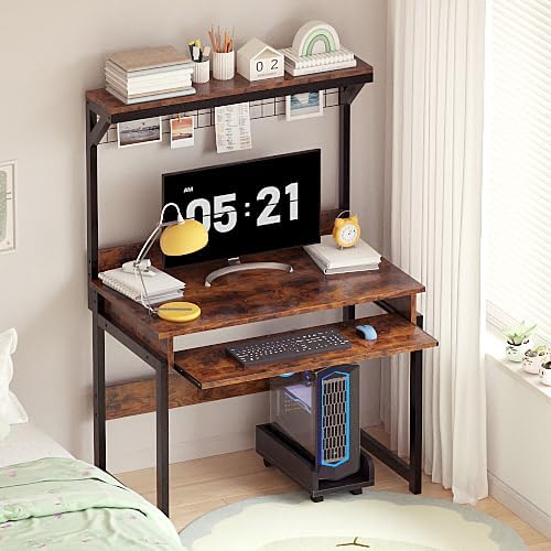 Gaming Computer Desk with Storage Shelves &amp Keyboard Tray 31.5 inch Desk for Small Spaces Home Office Desk with Host Rack for Living Room Study Room (Brown)