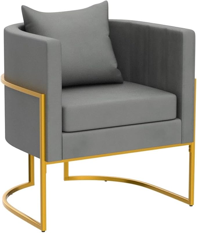 X-VOLSPORT Velvet Accent Barrel Chairs Set of 2 Modern Arm Club Chair Set with Pillow for Living Room/Bedroom/Guest Reception Channel Tufted Gold Finish Base Grey