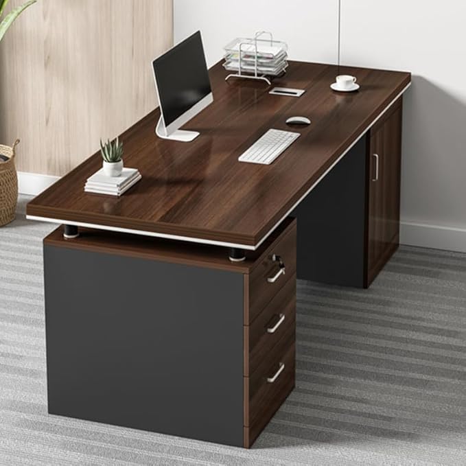 LITFAD Office Desk Modern Computer Desk Brown Wood Writing Desk with Black Sled Base Locking Drawer and Cabinet Home Office Furniture - Without Chairs 55 L x 24 W x 30 H