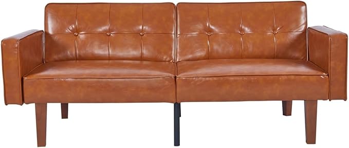 Faux Leather Adjustable Sofa Two-Seater Sofa with Wooden Legs Foldable Sofa Bed mid-Century Style Lounge Sofa Suitable for Apartments Living Room Bedroom Study Office Lounge Brown