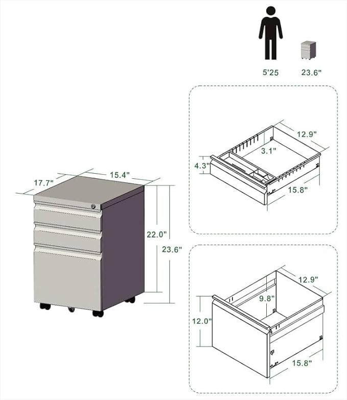 3-Drawer 15.4 W Classic File Cabinet with Lock Metal Filling Cabinets Suits Legal/Letter Size for Home Office Fully Assembled Except Wheels Grey (3-Drawer Widen Black)