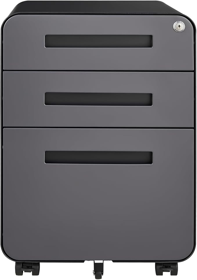 3 Drawer Small File Cabinet with Lock Under Desk Locking Storage Cabinet Organizer for Home Office Mobile Filing Cabinets with 5-Wheel DesignDarkgrey