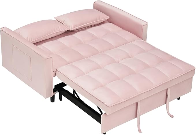 3 in 1 Convertible Sleeper Sofa Bed 55 Pull Out Couches Modern Loveseat Sleeper Sofa with Adjustable Reclining Backrest &amp Side Pockets for Living Room Velvet Fabric Pink