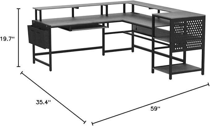 SEDETA L Shaped Gaming Desk Convertible 96 Home Office Desk or Corner Desk L Shaped Table with Power Outlets &amp LED Strip Monitor Stand Keyboard Tray Pegboard and Storage Shelves Grey