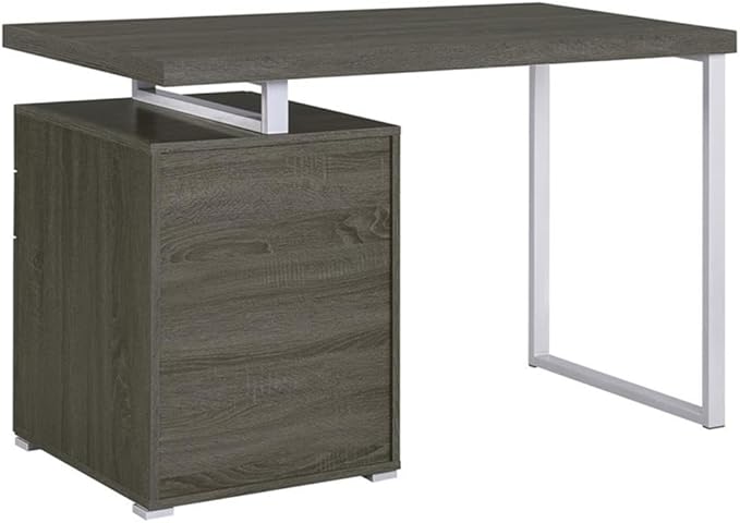 Pemberly Row 3-Drawer Office Desk Weathered Gray Wood and Silver Metal 47.25 W x 23.5 D x 30 H File Cabinet Contemporary Design Sleek Workspace for Home Office or Study Room