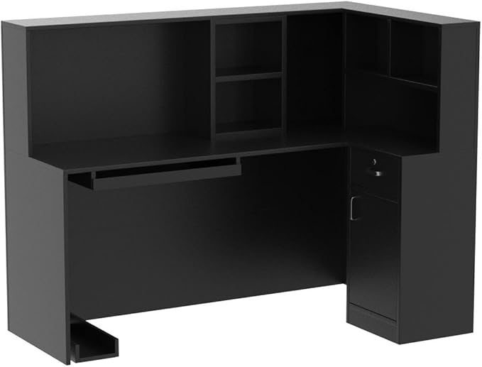 Homsee Reception Desk L-Shaped Office Desk with Counter 1 Door Storage Cabinet 1 Lockable Drawer Hutch Shelf and Keyboard Tray Black
