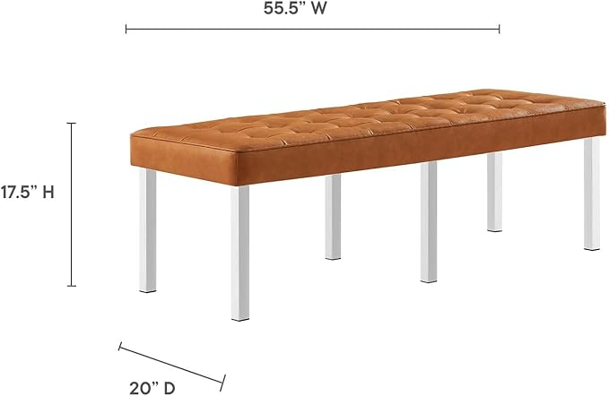 Modway Loft Tufted Button Faux Leather Upholstered Large Accent Bench in Silver Tan