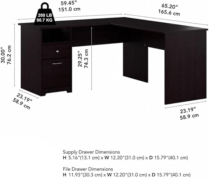 Atlin Designs 60 L Shaped Wood Computer Desk with Drawers Espresso Oak Finish Built-in Wire Management File Drawer Box Drawer Open Cubby 200 lb Weight Capacity Home Office Desk