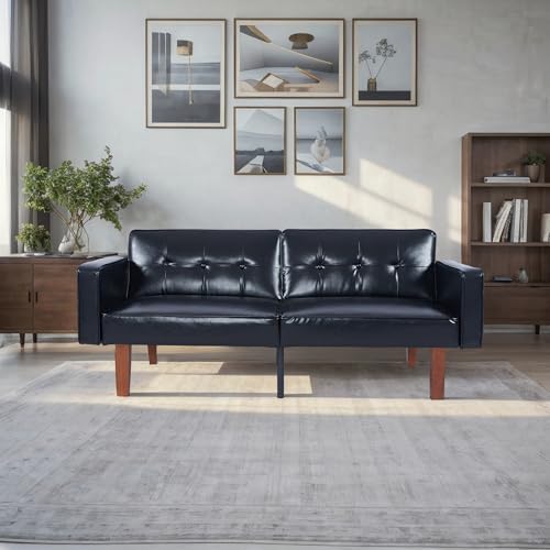 Adjustable Backrest Convertable Sofa Modern PU Leather 2-Seat Futon Sofa Convertible Faux Leather Sleeper Couch with Armrests Couch for Living Room Home Office Spaces Black