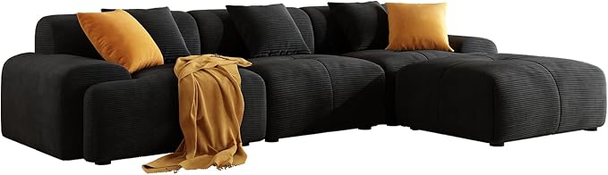 113 Modern L-Shaped Modular Sectional Sofa for Living Room Corduroy Upholstery Black 3-Seater Cloud Couchand Movable Ottoman – No Assembly Black