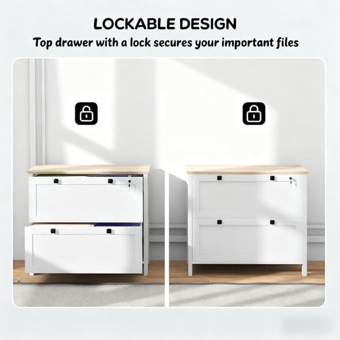 2 Drawer Small File Cabinet with Lock Modern Under Desk Locking Drawers Storage Cabinet Organizer for HomeOffice Filing CabinetsAssembly RequiredWhiteOak