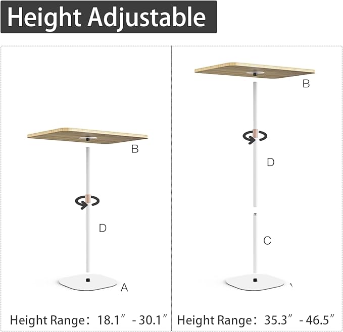 Small Laptop Standing Desk 18“H - 46”H Adjustable Height Pedestal Side Table with Wooden Top Portable Tall End Table Stand-Up Desk for Bedside Couch Sofa Living Room Bedroom Home Office White