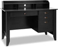 Pemberly Row Computer Desk MDF Wood Construction Black Finish Spacious Tabletop with Elevated Monitor Stand File Drawer and 3 Storage Drawers Modern Workstation for Home Office or Study