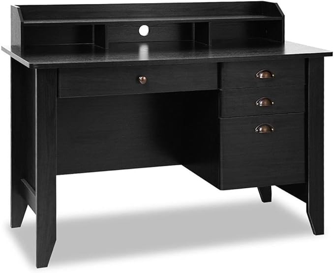 Pemberly Row Computer Desk MDF Wood Construction Black Finish Spacious Tabletop with Elevated Monitor Stand File Drawer and 3 Storage Drawers Modern Workstation for Home Office or Study
