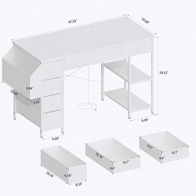 47 Computer Desk with Power OutletWriting DeskHome Office DeskVanity Table with 7 Fabric Drawers Large Side PocketWhite