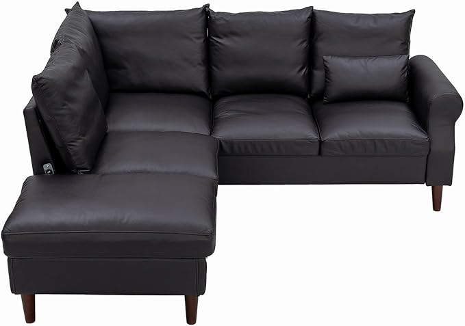 Panana 5 Seats Sectional Sofa Leathaire Fabric with Built-in USB Charging Port Chaise Right Corner L Shaped Couch (Black Leathaire 5 Seater Right Corner with Chaise)
