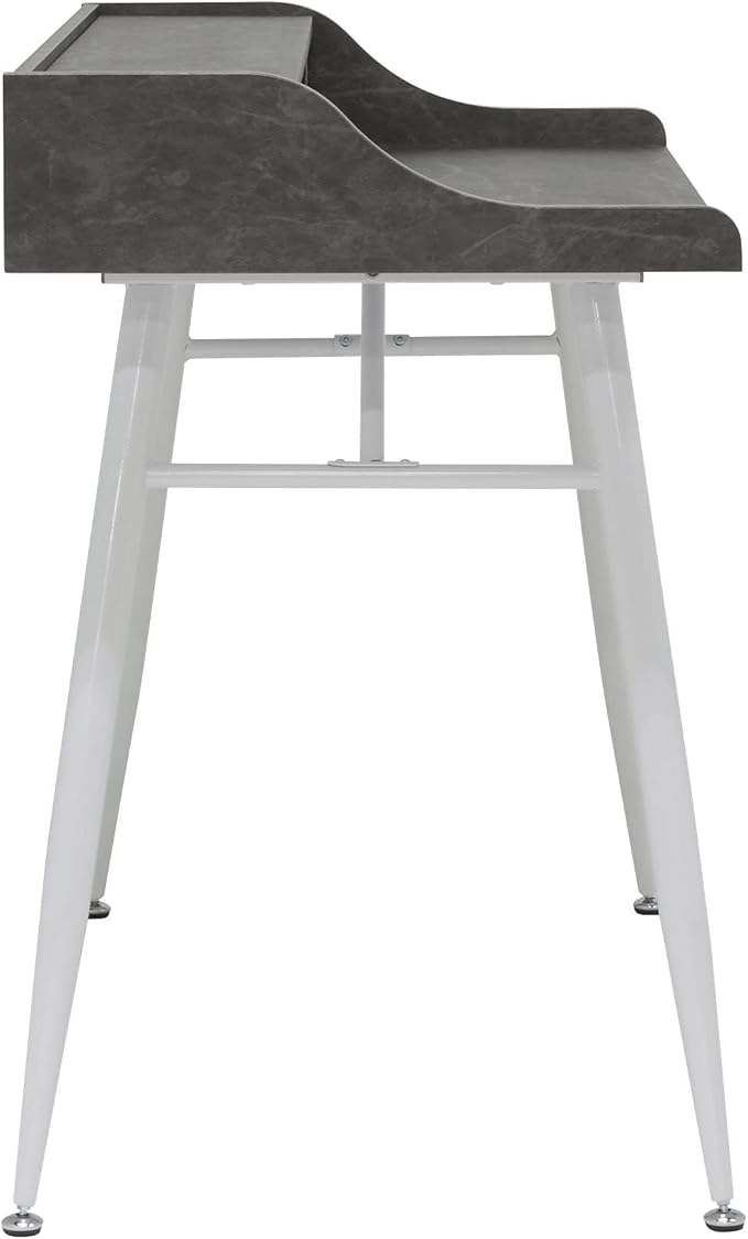 Calico Designs Woodford 45” Wide Modern Secretary Writing Desk with Low Storage Hutch and Whtie Metal Tapered Legs in Marbled Dark Grey White